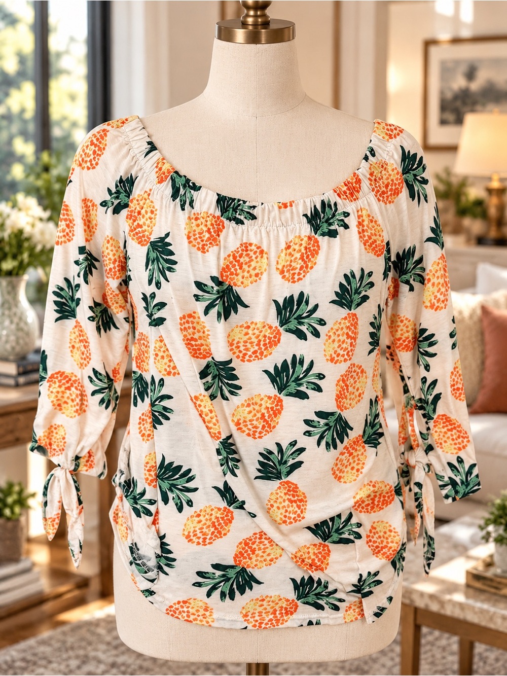 Pineapple Print Scoop Neck Women’s Top - Orange